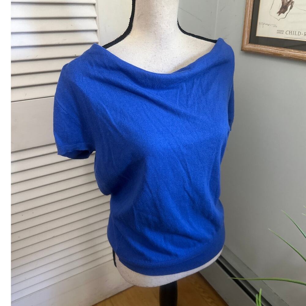 Ann Taylor Factory Top Womens Large Petite Blue Sweater Knit Cowl Neck Classic